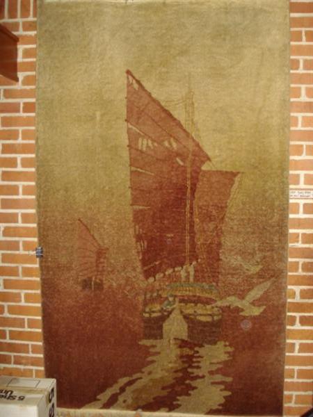 Yung Nien 1934 unused hand-woven wool rug from Japan. We have the original receipt for this stunning 'boats in the bay' setting. Incredible item!