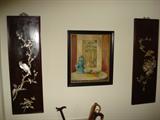 pair of inlaid jade wall panels. another painting by Mrs Theobald.