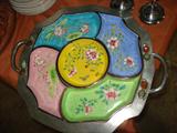 stunning enamel tray with 5 different art works puzzled together nicely. Eastern