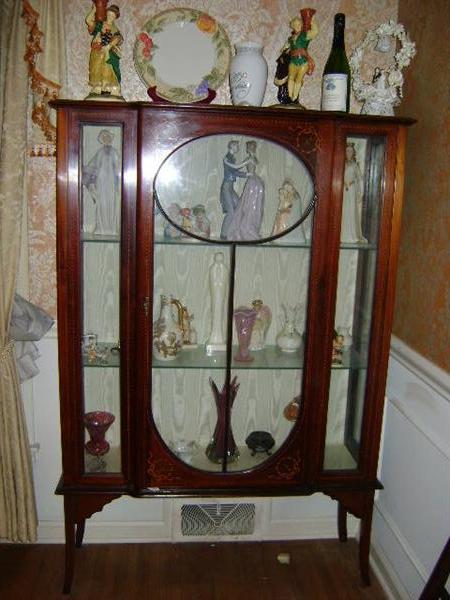 Sheraton china cabinet (the real deal) from the 1920s; string & banded inlay. Cameo glass at top of door. A real beauty!