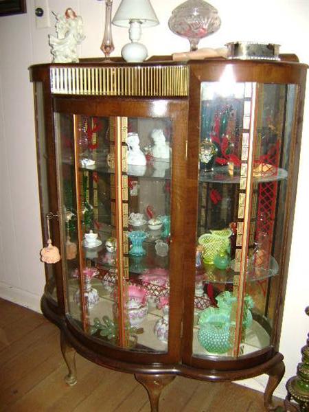 curio cabinet; contents include Fenton Charlton Gold Crest vase (set of 3) with rose cased interior
