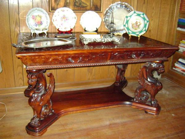 Wow! 1920s Baroque partners desk, mahoganey, 4 wing griffen legs, insert carving, the real deal! awesome condition. Also, 4 nice Dresden presentation plates/platters