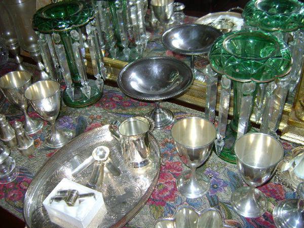 Bohemian lustres, turn of century. Several items of sterling, etc.