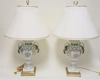1001	FEDERICK COOPER TABLE LAMPS, PORCELAIN DOUBLE HANDLED URNS W/FLORAL DECORATIONS ON BRASS BASES, APPROXIMATELY 30 IN HIGH
