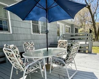 Glass Top Outdoor Table, 4 Chairs, Umbrella & 4 Cushions NOT AVAILABLE UNTIL MAY 31 BY APPOINTMENT ONLY
Lot #: 14