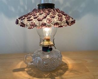Vintage Glass "Oil Lamp" Table Lamp With Beaded Floral Form Shade
Lot #: 22