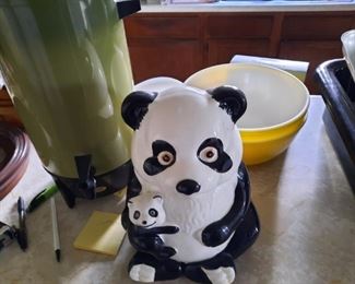 2 YELLOW LARGE PYREX BOWLS, PANDA BEAR COOKIE JAR, ELECTRIC COFFEE POT