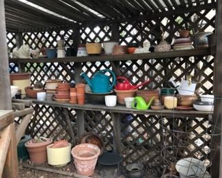 Potting shed, pots