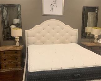 King bed, Restoration Hardware side tables, beautiful pair of lamps and mirrors