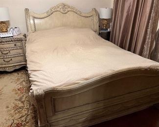 Queen size Bed frame could be sold alone  but all together better deal. 
Empire BED ROOM SET - one night stand, mirror, dresser, queen size bed, chest- All 5 pieces. Hard to get collection with this quality. Original price over $8,000. You may notice some ware and tear if any. 
Description of mirror and dresser: 
Empire Il's dresser has nine drawers with a jewelry tray in the top left drawer. Featuring a marble edge and plenty of room for storage. Measurements: DresserLength:
68"Width: 21"Height: 40"MirrorLength: 42"Width:
Height: 46" If you've been waiting for a fresh, new interpretation of luxurious OldWorld styling, you're in luck. That's because when the design calls for an infusion of European inspiration, Empire I lets you fill your home with authenticity and elegance.Crafted with cherry veneers
and carefully finished in two versatile anddécor-friendly colors, this collection is a work of art. On the lighter side, there's a rich Parchment finish that's aged with crackle accents a