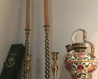Fischer J Budapest Porcelain Ewer, Large brass candlesticks