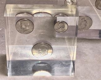 Kennedy Half, Ike Dollar, Washington Quarter, Coin, Lucite bookends