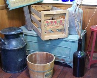 Dairy can, chest, crates & metal stool