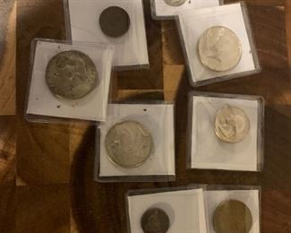 Mixed coins, Franklin half dollars, wheat pennies, buffalo nickels, Barber dollars, Walking Liberty Dollars