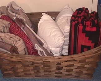 Table Cloths, Wool Blanket. Large Basket. 