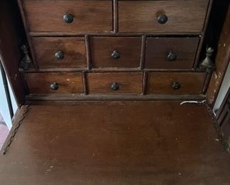 Antique Drop Front Writing Desk, With Attached Wrought Iron Candle Holders. (More photos will be added). 