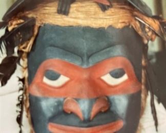 Original Duane Pasco “ Human to Raven” Nax Nok mask Simshian style. Carved red cedar,  red cedar bark, painted with iron oxide pigment graphite, adorned with crow feathers. Field Museum Of Natural History Certification. 1982 