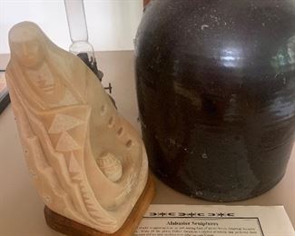 Alabaster Sculpture, vintage stoneware jug. 