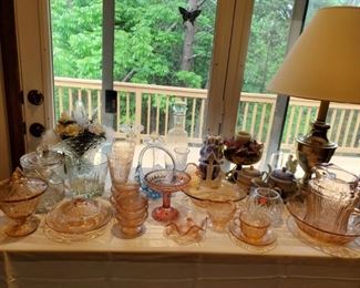 Pink depression glass including “Mayfair” or “Open Rose”