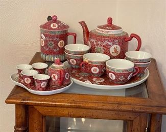 Vintage Chinese Tea Set, Mun Shou Pink "Famille Rose" Longevity Porcelain