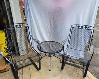 Vintage wr iron “bouncer” chairs & side table