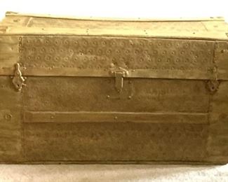  Antique Enbossed Metal Flat Top Trunk Painted with Original Lining