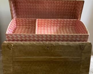 Interior Photo of Antique Enbossed Metal Flat Top Trunk Painted with Original Lining