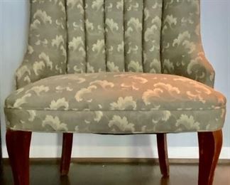 Vintage Green DamaskUpholstered Channel Back Reading Chair with Mahogany Curved Legs