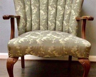 Vintage Damask Upholstered Wood Frame Arm Chair on Cabriole Legs