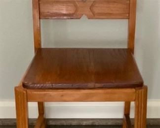 Vintage Depression Era child’s Chair w/Incised Design Slat Back, Reed Legs and Solid Wood Seat