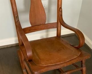 Antique 1900’s Oak Bentwood Arm T-Back Rocker with Faux Leather Seat and Turned Stretchers