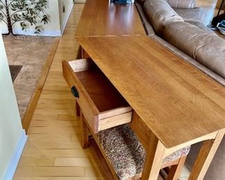 Curved sofa table with drawers and bench stools 
