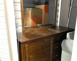 $150 - Mahogany Three Drawer Dresser With Attached Mirror and Silver Hardware - KS83-12 
DIMENSIONS: 54" x 17" x 32.5"H,                              
Mirror 37.5" x 37"
CONDITION: Please refer to photos for a more detailed look at condition.  We make every attempt to list and photograph any defects or signs of wear that are significant to this sale. 