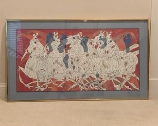 $4500 - Jiang "Speed" Color Serigraph on Art Paper titled "Speed"  Hand Signed KS83-15             
Description : Color Serigraph on Art Paper titled "Speed" from his paying homage to mother nature and her most majestic animals. Worth mentioning again is the fact that Jiang is widely regarded as one of the greatest Chinese artists ever and the father of their Pop Art movement. And, therefore, his artworks have sold into the 100,000s of dollars. This piece is an ORIGINAL, HAND SIGNED and NUMBERED Serigraph that is representative of Jiang's full realm of genius, including technique and detail. The incredible work of art, from the rare edition of 260 (#11), is guaranteed authentic, and accompanying the purchase, the buyer shall receive a Gallery letter of authenticity. Also, it is of impressive size measuring 20" x 40" and is complimented by a custom frame with approximate dimensions of 30" x 50". Jiang, Tie Feng Jiang Tie Feng was an elder statesman of the now famous Yunnan School and He