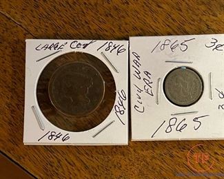 1846 Large Cent and 1865 3 Cent Piece