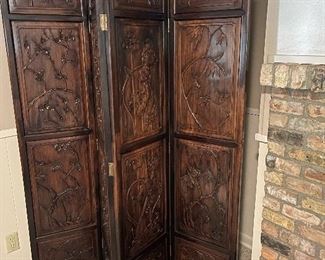 Antique Hand Carved Chinese 4 Panel Screen