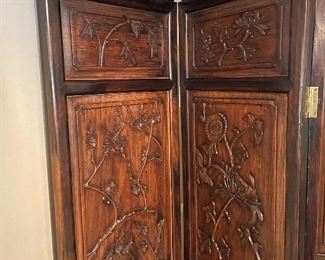 Antique Hand Carved Chinese 4 Panel Screen