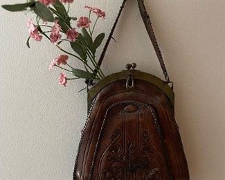 Antique Carved Leather Clasp Purse
