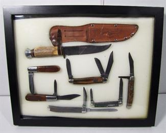 Lot 111   7 Pc. Vintage knive group with a “Edge Brand” Hunting knife w/Orig. sheath (8 ½” Soligen Germany) and 6 Various Folding knives by Remington, Robeson Cutlery, Kabar, Etc. Cond: Most have wear, some resharpened & polished.   $80 - $120