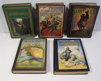 Lot 115   5 Early 20th C NC Wyeth illustrated Boy’s Books incl.:  "Robin Hood". "The Boy’s King Arthur","Drums", "Kidnapped" and "Westward Ho!" Cond: Most in Exc. Condition, 1 with minor cover wear.   $125 - $175