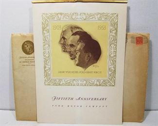 Lot 136   Dated 1953 Unused Ford 50th Anniversary Calendar with 6 Norman Rockwell Images. Includes original mailer dated 1952 and was sent to a Dearborn MI address. 10 ½” X 15 ½”h. Cond: No damage to the Calendar. Sleeve has toned edges and small losses on 3 corners.    $100 - $150