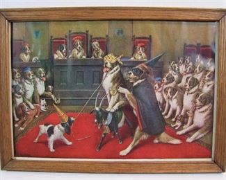 Lot 153   C/1920 color Lithograph “Riding the Goat” a Masonic Initiate Image, by Cassius Marcellus Coolidge (American Artist, 1844-1934), 14 ½” x 10” h. in Oak frame 15 ¾” x 11 ¼” h., copyright Brown & Bigelow. Cond: Print: Excellent, Frame: Minor Wear from Age.   $50 - $150  NOTE: This is 1 of 9 Orig. 1920 Dogs as Humans Prints in this Auction - These originals are hard to find!