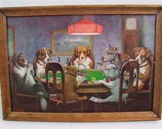 Lot 163   C/1920 color Lithograph “A Friend in Need", a poker game, by Cassius Marcellus Coolidge (American Artist, 1844-1934), 14 ½” x 10” h. in an oak frame 15 ¾” x 11 1/8” h. Cond: Print: Excellent, Frame: Minor Wear from Age.   $50 - $150