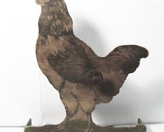 Lot 172   C/1895 Wooden Die Cut Chicken Target, with Mechanical Action for dispensing white marbles when struck by Dart or Pellet. 18” X 15” X 3”, Cond: Worn from use, small section missing from beak.   $125 - $175