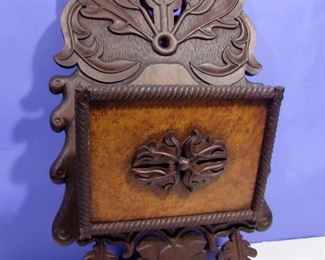 Lot 176   Late 19th C. Walnut Folk Art Wall Pocket with Birdseye Maple front panel, 19” x 32” x 2 ½” deep (single board back).&nbsp; Cond: Replaced brass hinges, original finish is crazing and turned darker, minor wear on outer edges.   $150 - $200 