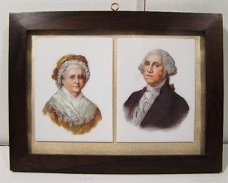 Lot 185   1900 Rosewood Framed Pr. of Porcelain Portraits of George & Martha Washington, 9” X 6 ¾”. Cond: No damage found.   $75 - $100