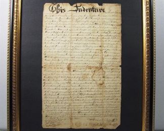 Lot 192   Dated 1813 Handwritten Indenture Document. For Benjamin & Catherine Hasteller for a $150.00 toward the purchase of land in Sumerset County PA (Elick Leck Township). The money was loaned by Yost Miller & witnessed by Casper Shrock. This was wild western frontier land in Western Pennsylvania for Homesteading. Back of document shows repayment of the loan & acts as a deed. Measures 10” X 16” h. in a gilt frame 19” X 23”h. Cond. creases, stains & some edge losses.   $150 - $250