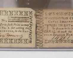 Lot 193   C/1820 Pair of Washington City Canal Lottery Tickets, used as a fundraiser for cutting a canal thru Washington DC. The tickets are hand numbered and signed by Daniel Carrol (Continental Congressman) & Notley Young (DC Landowner). 1 ¾” X 4”, Cond: Both with light toning but both complete.   $100 - $200
