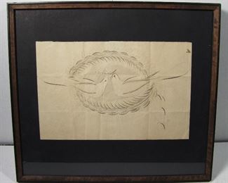 Lot 200   C/1870 Spencerian artwork of 2 Doves in a Wreath, signed Lynn S. Brown, 200 Clifford St. Detroit, 12” X 8”h. in a wood frame 17” X 15”h. Cond. Light toning & creases from mailing.   $75 - $125