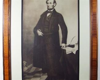 Lot 207   1890 Full Length engraved Lincoln Portrait by Photographer Thomas Hicks (known as the John C Calhoun Body Version) from a Copperplate engraving by Alexander Hay Ritchie, 25” X 38 ½”h. Cond: No damage found.   $100 - $200